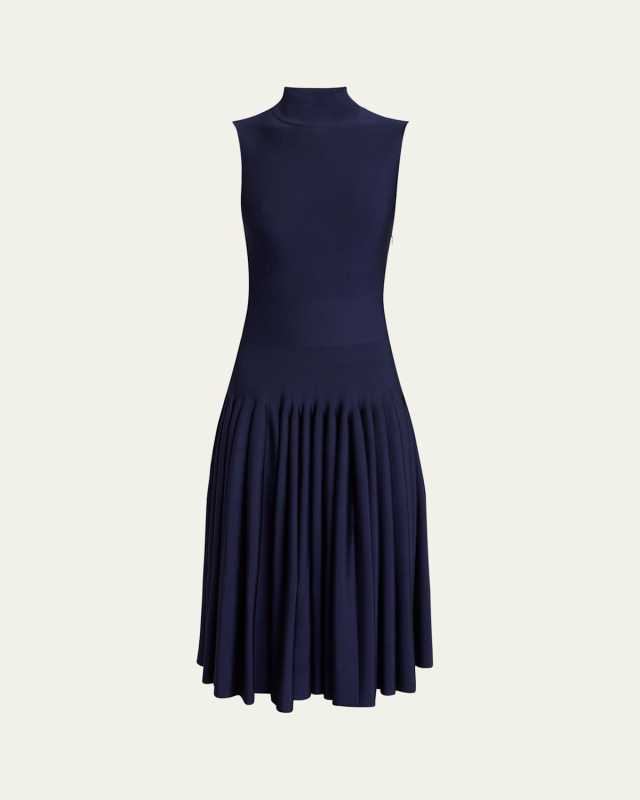 High-Neck Pleated Knit Midi Dress